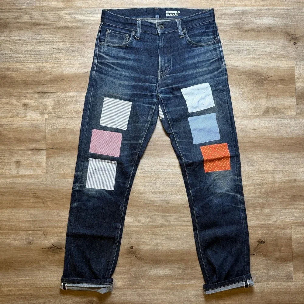 UNIQLO Selvedge Jeans Men 29x29 Blue Slim Fit Straight Leg Patchwork Unique Dark